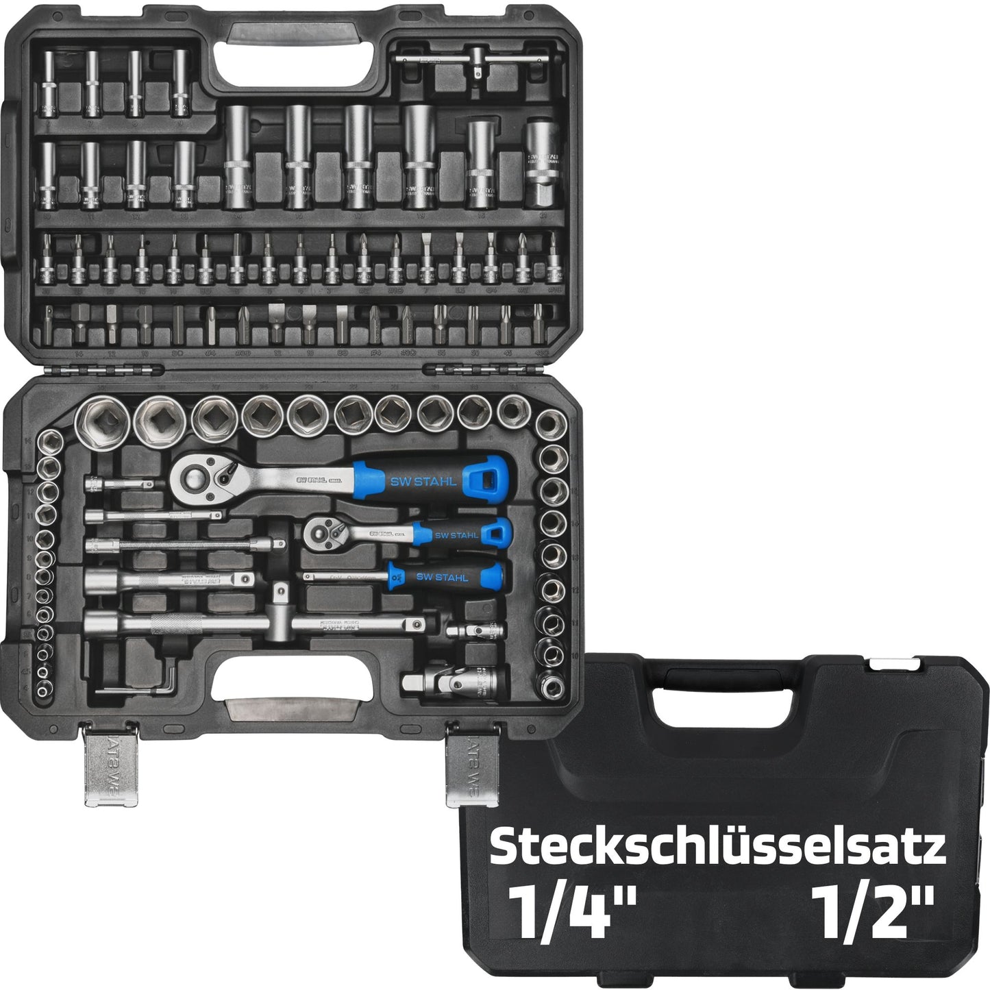 SW-Stahl 07797L Zestaw nasadek, 1/4", 1/2" cala, 97-czesciowy I Skrzynka z grzechotka I Skrzynka z nakretkami