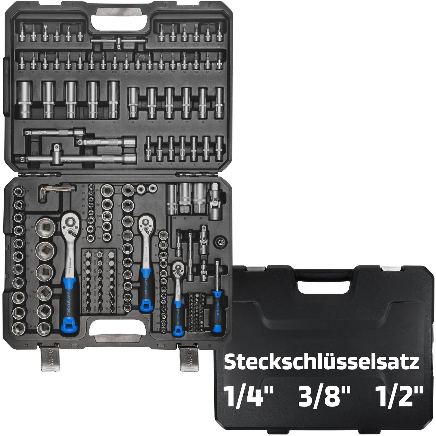 SW-Stahl 07784L Zestaw nasadek, 1/4", 3/8", 1/2" cala, 184-czesciowy I Skrzynka z grzechotka I Skrzynka z nakretkami