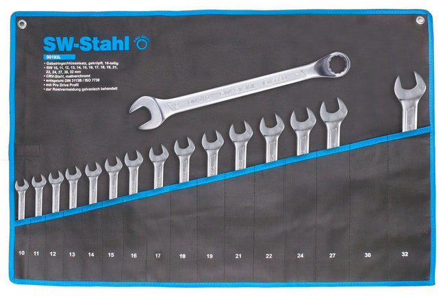 SW-Stahl 00193L zestaw kluczy do pierscieni widelkowych, 10-32 mm, wykorbiony, 16 szt.