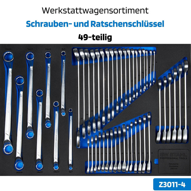 SW-Stahl Z3011-4 Asortyment wózków warsztatowych, klucze srubowe i grzechotkowe, 49 szt.