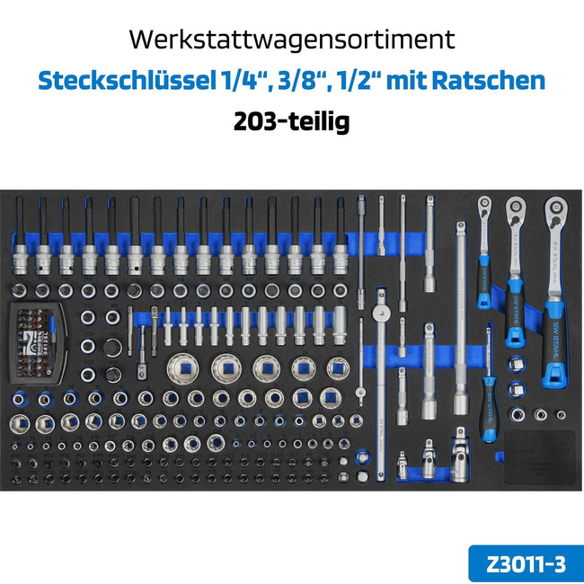 SW-Stahl Z3011-3 Asortyment wózka warsztatowego, nasadki 1/4â, 3/8â, 1/2â, z grzechotkami, 203 szt.